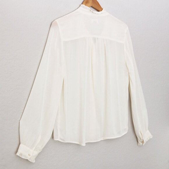 Aritzia Wilfred Ruffle High Neck Button Front Blouse Shirt S Cream Semi Sheer - Picture 15 of 15